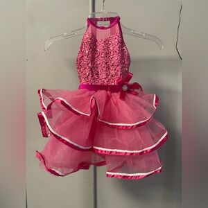 Weissman Pink Dance Costumes with Sparkly Bodices and Layered Tulle Skirts